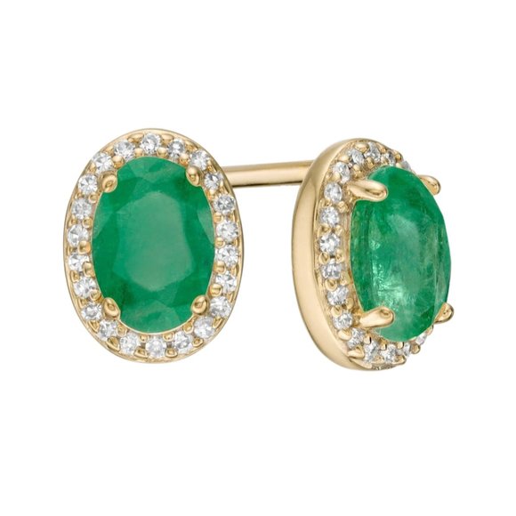 Oval Emerald 0.09cttw Diamond 14k Gold Frame Stub Earrings - Picture 2 of 2
